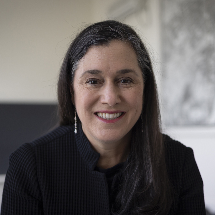 Smiling woman with black straight hair