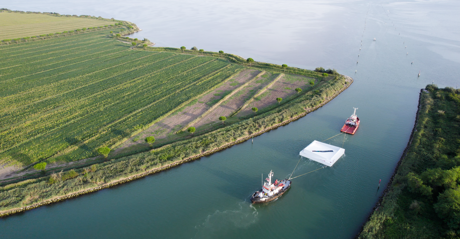 Pavilion floating down a river