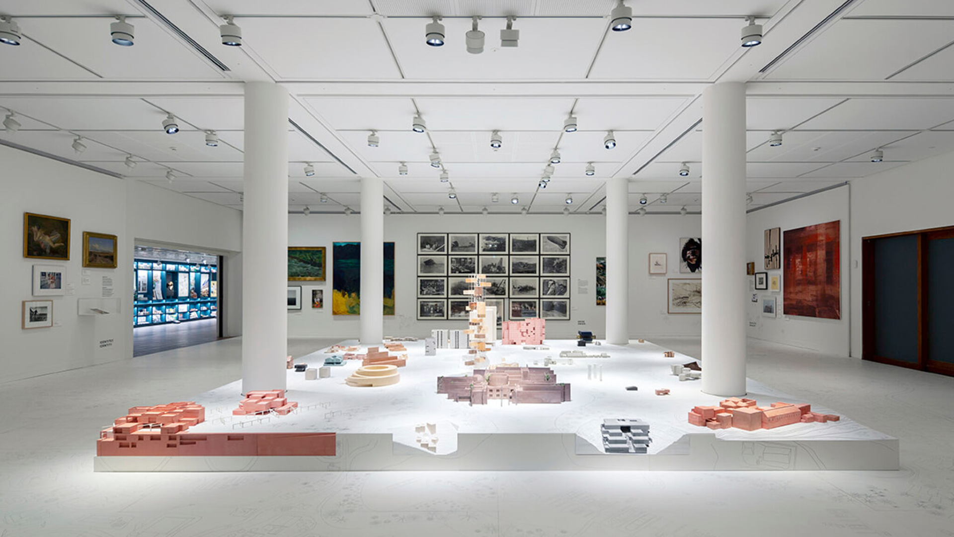 Gallery view of an installation in a large white exhibition space