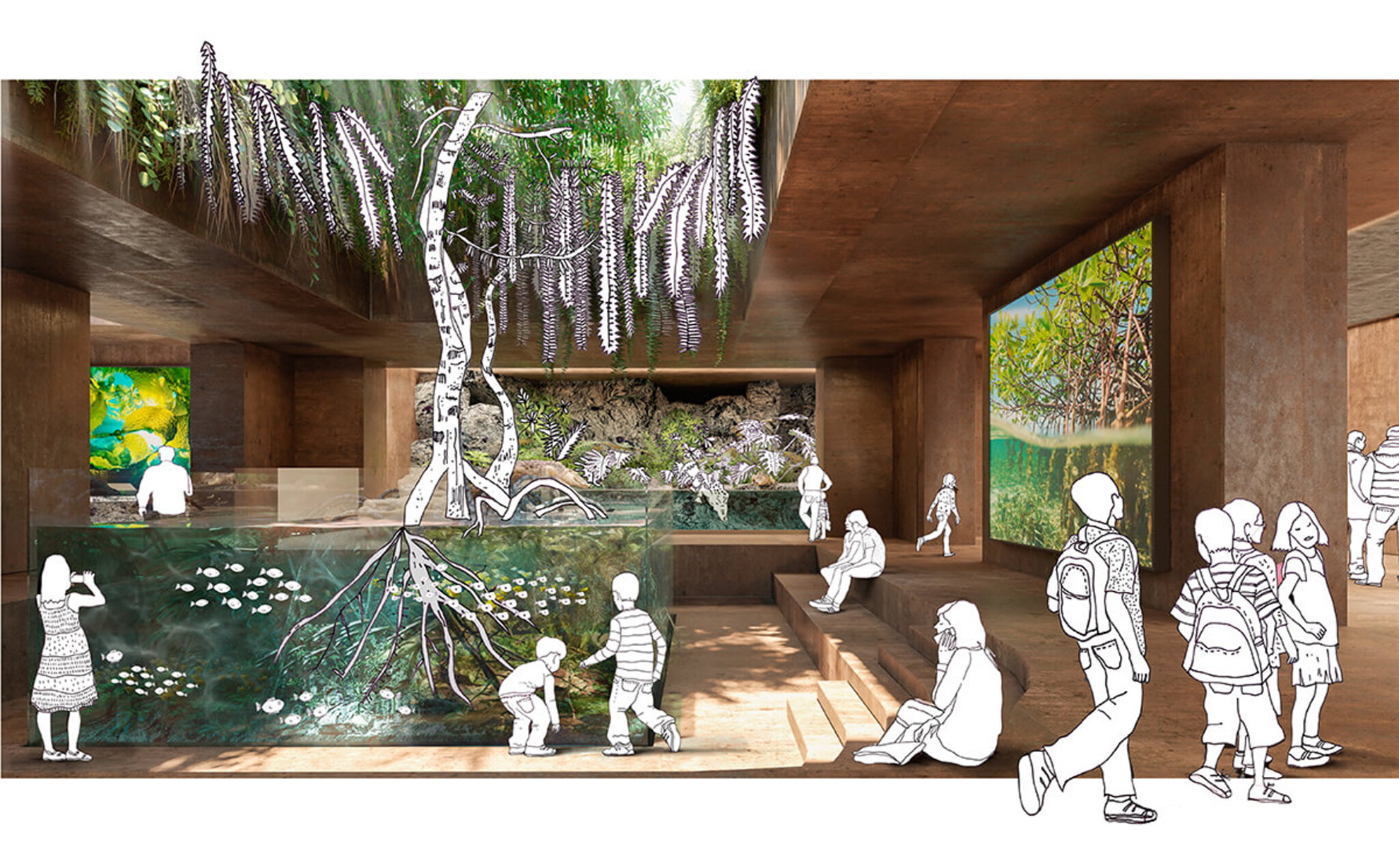 Collage illustrating an aquarium space fill with visiting students