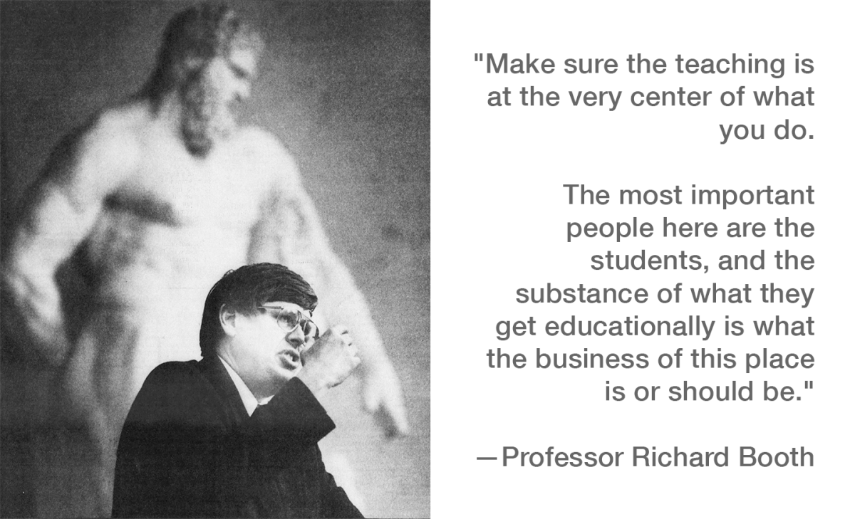 Person speaking and shaking their fist with a Greek statue behind.