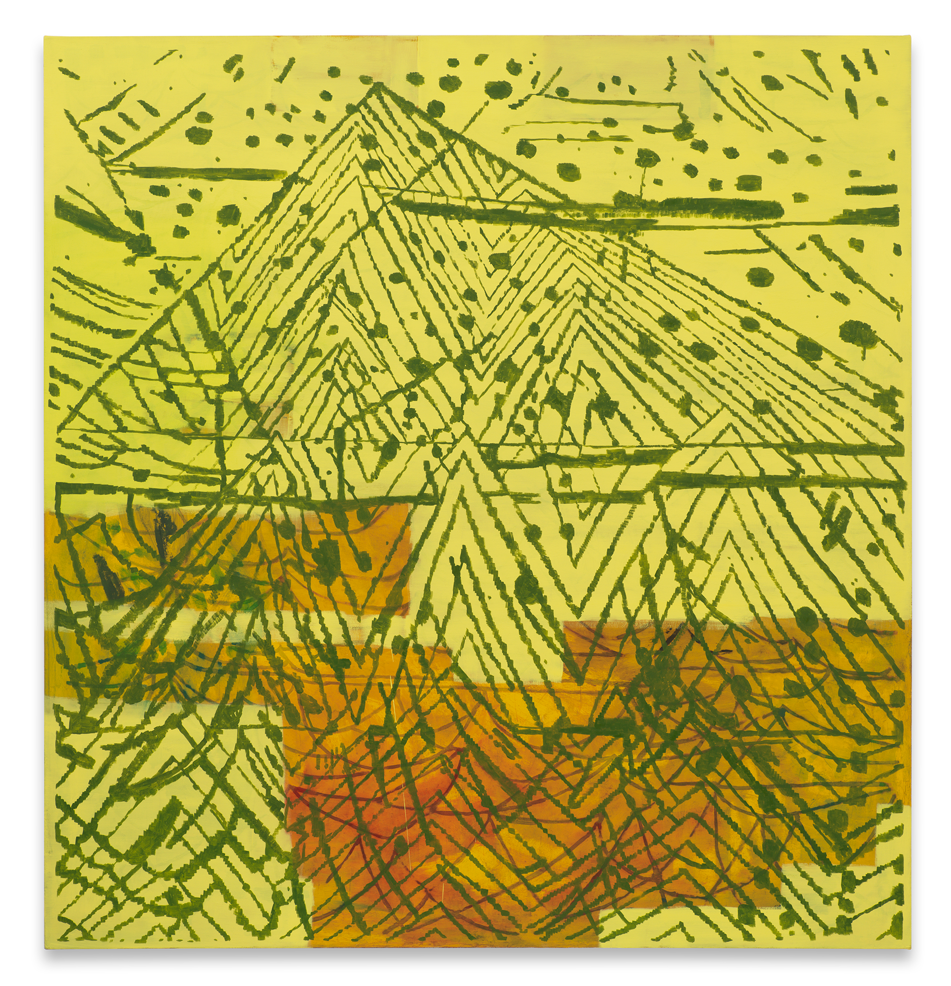 Painted orange, yellow, and green shapes on canvas