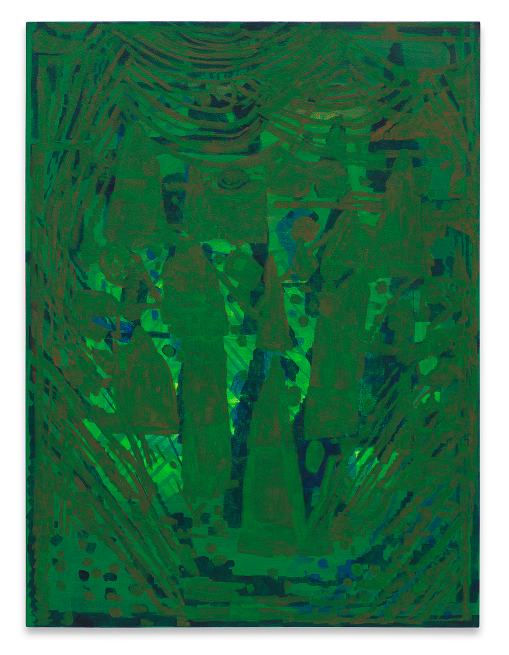 Painted blue and green shapes on canvas