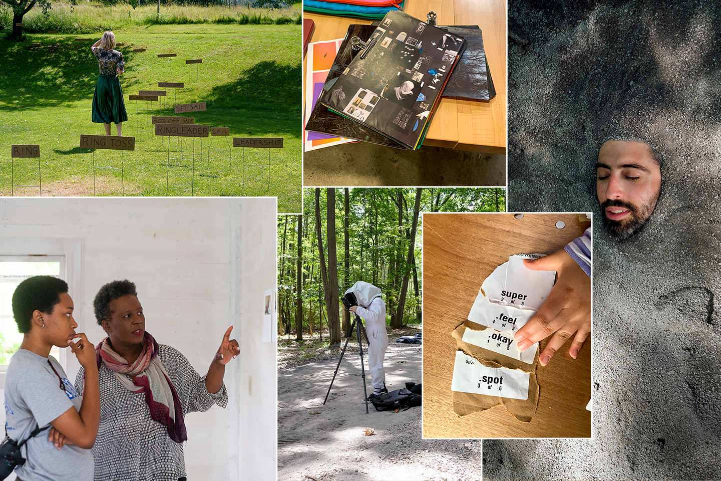 Collage of students and faculty exploring image and text projects.