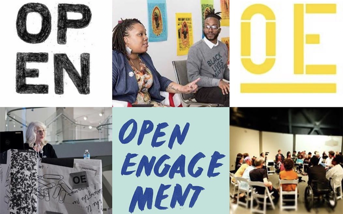 Nine different image squares with different photos of people talking combined with the letters OE and OPEN.