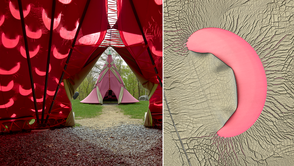 Bright pink and gold tent visible through doorway of another tent (right) with detail of the cracking material (right)