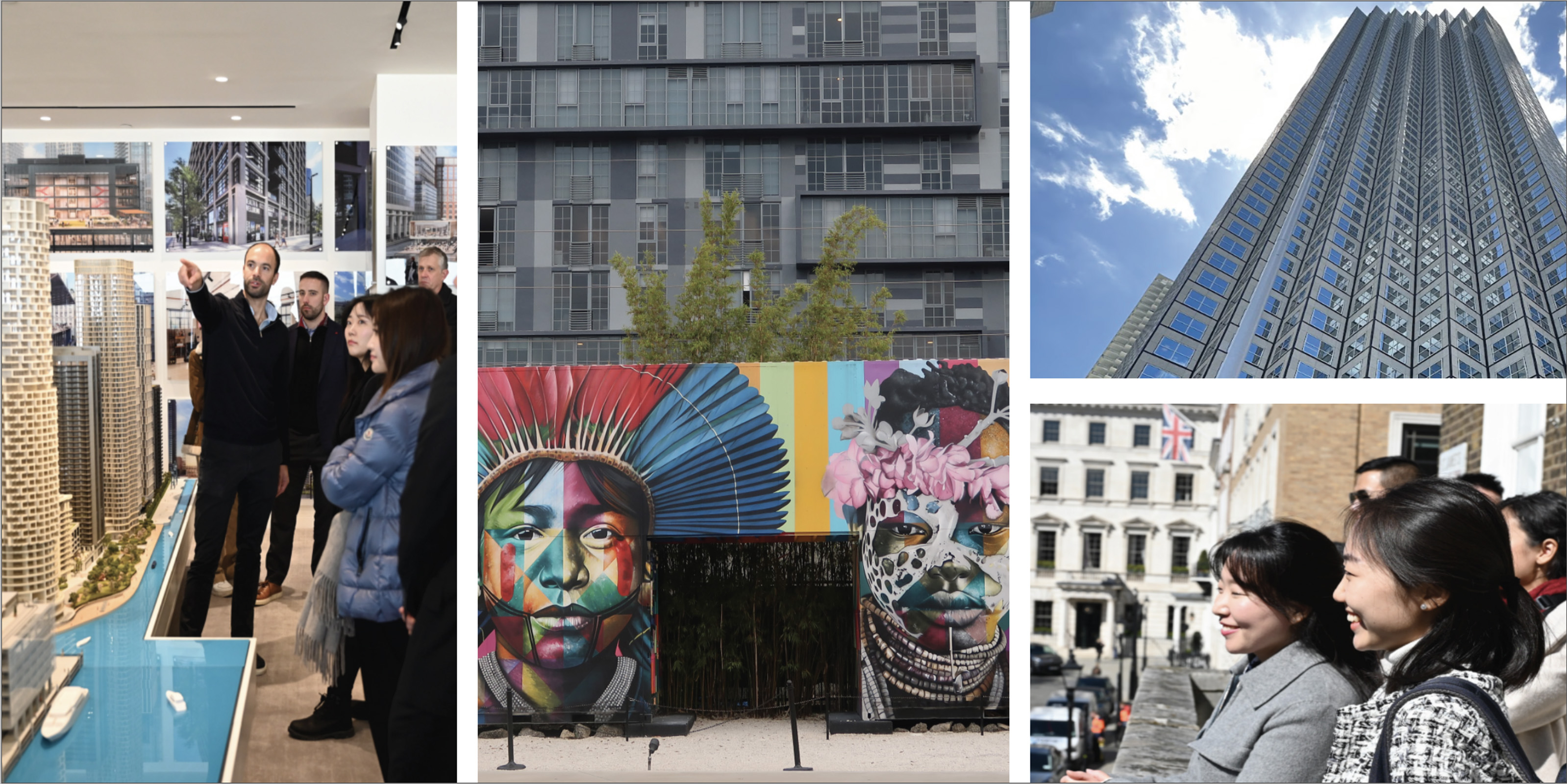 From left: A man presents model buildings while a group watches, an urban building facade with two murals, a view up at a skyscraper, two people smiling looking over a balcony