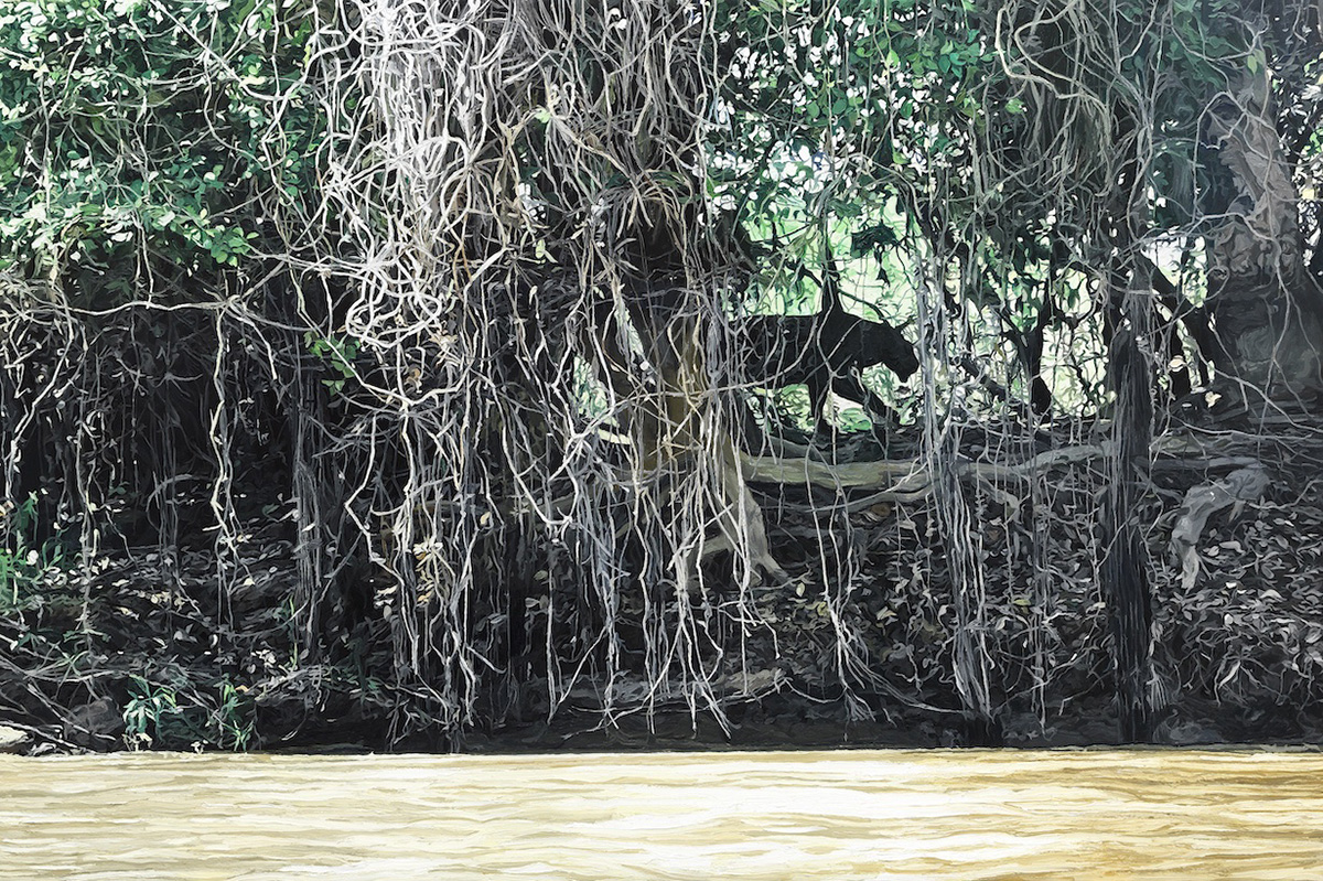 vines and water landscape painting with a shadow of a big cat in the forest