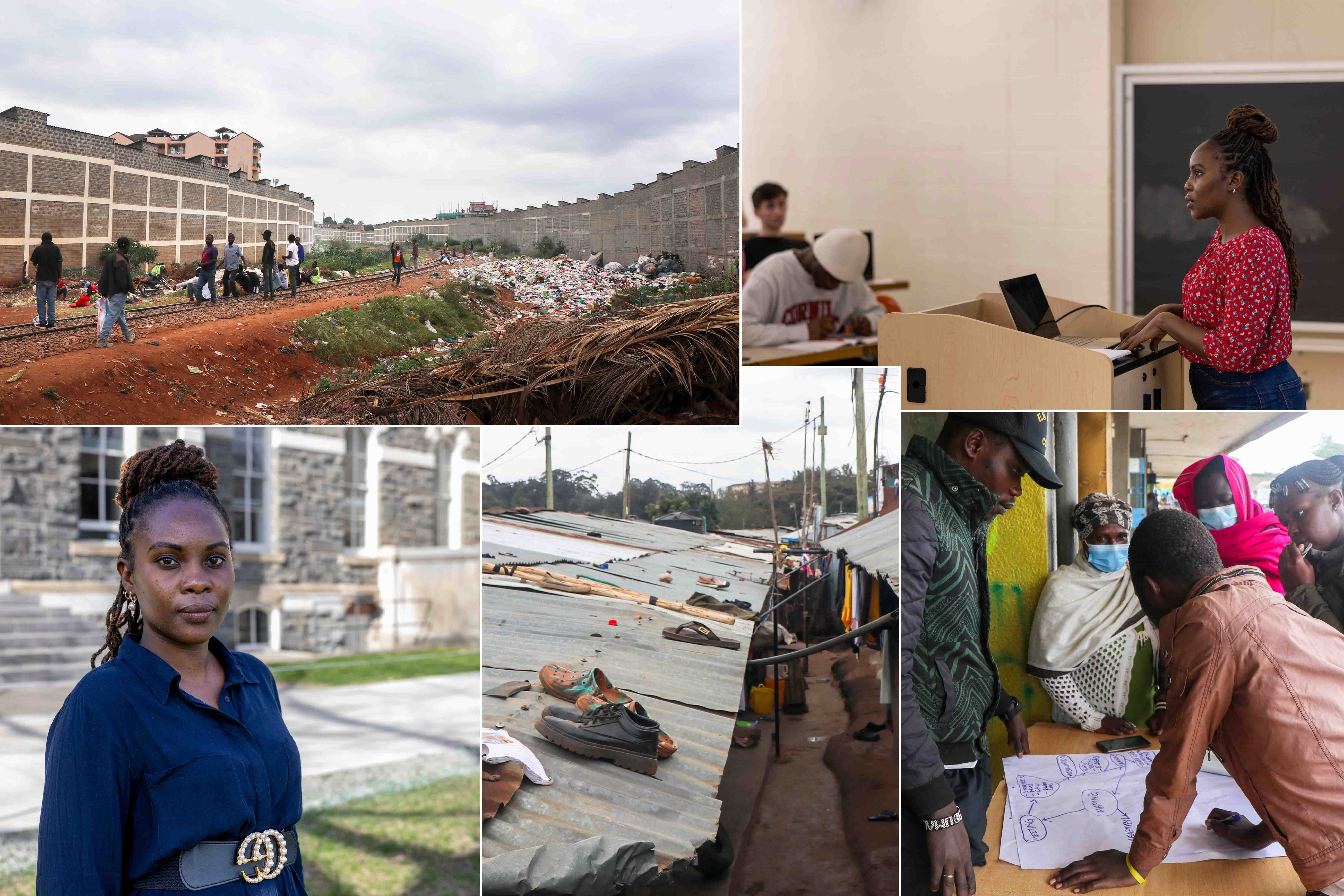 Collage of images of informal settlements in Kenya, a woman teaching a class, and a portrait if a black woman outside