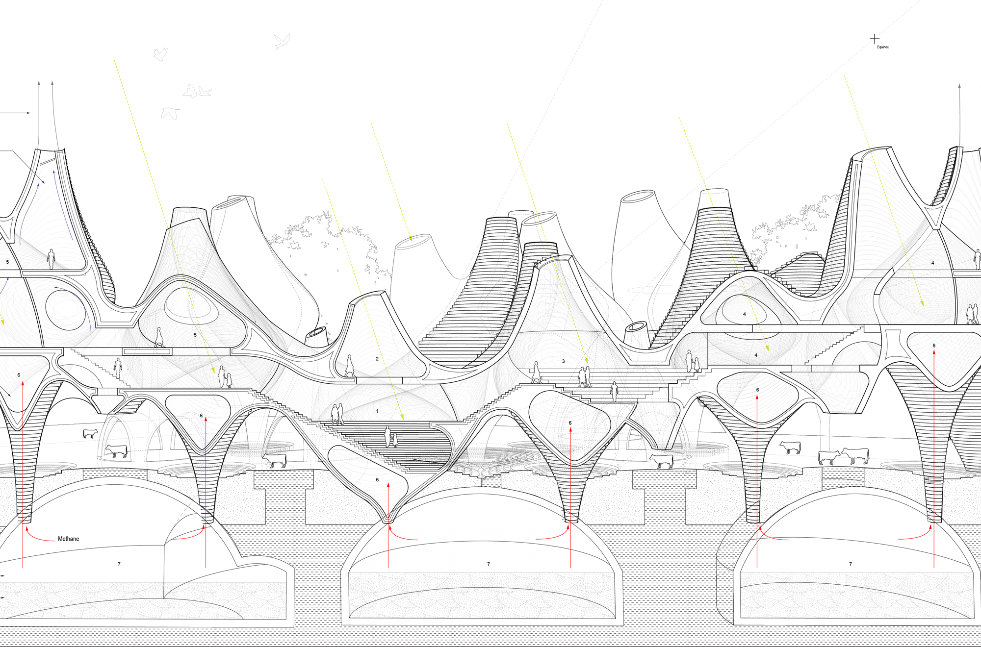 "Swaying Udders" by Christopher Yi, (M.Arch. '20) Large bulbous and interconnected tube-like structures with people and animals within.