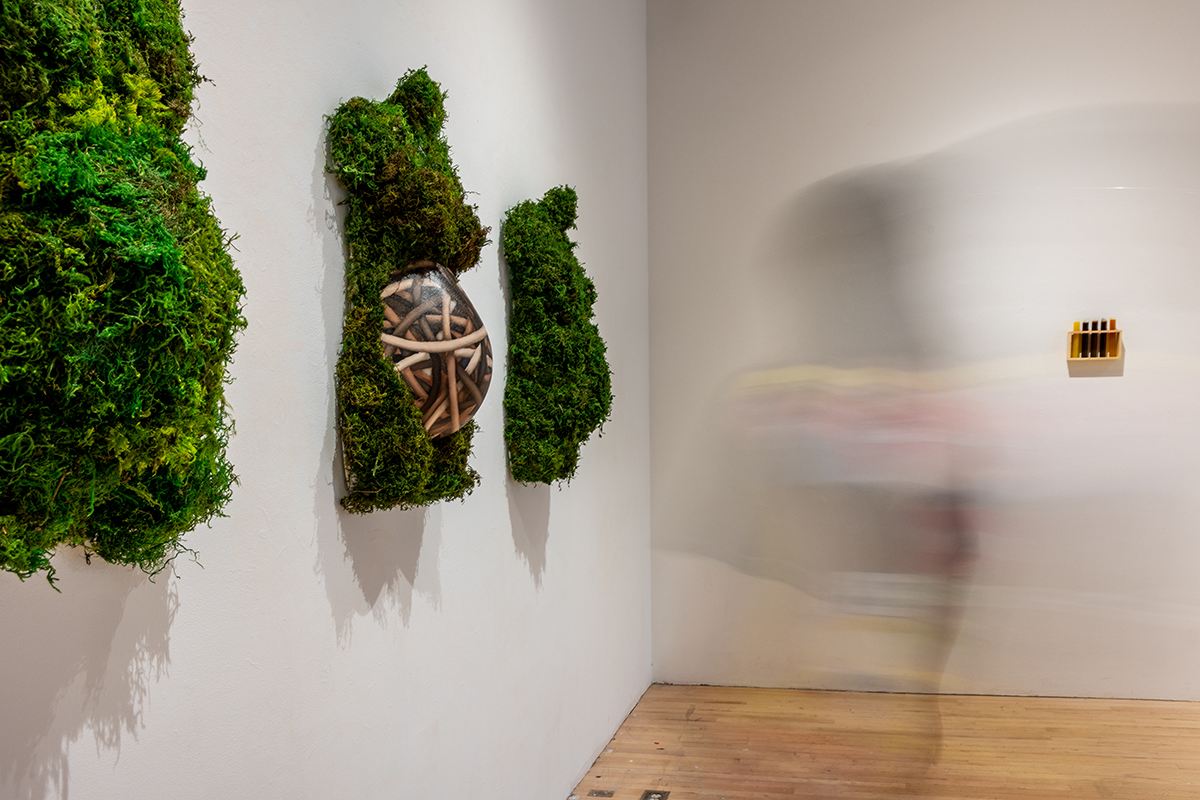 Torsos sculpted our of greenery hanging on a wall