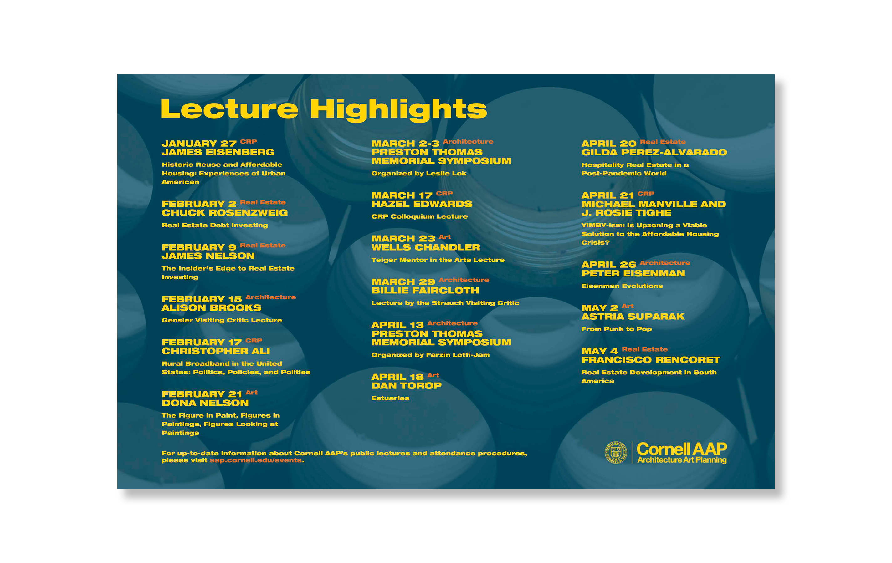 Example lecture highlights postcard Yellow and orange text on a blue background.