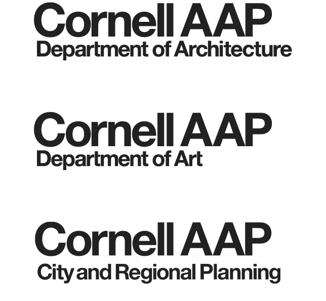 Department lockup without university seal three logos with Cornell AAP, and Department of Architecture, Art, or Planning underneath