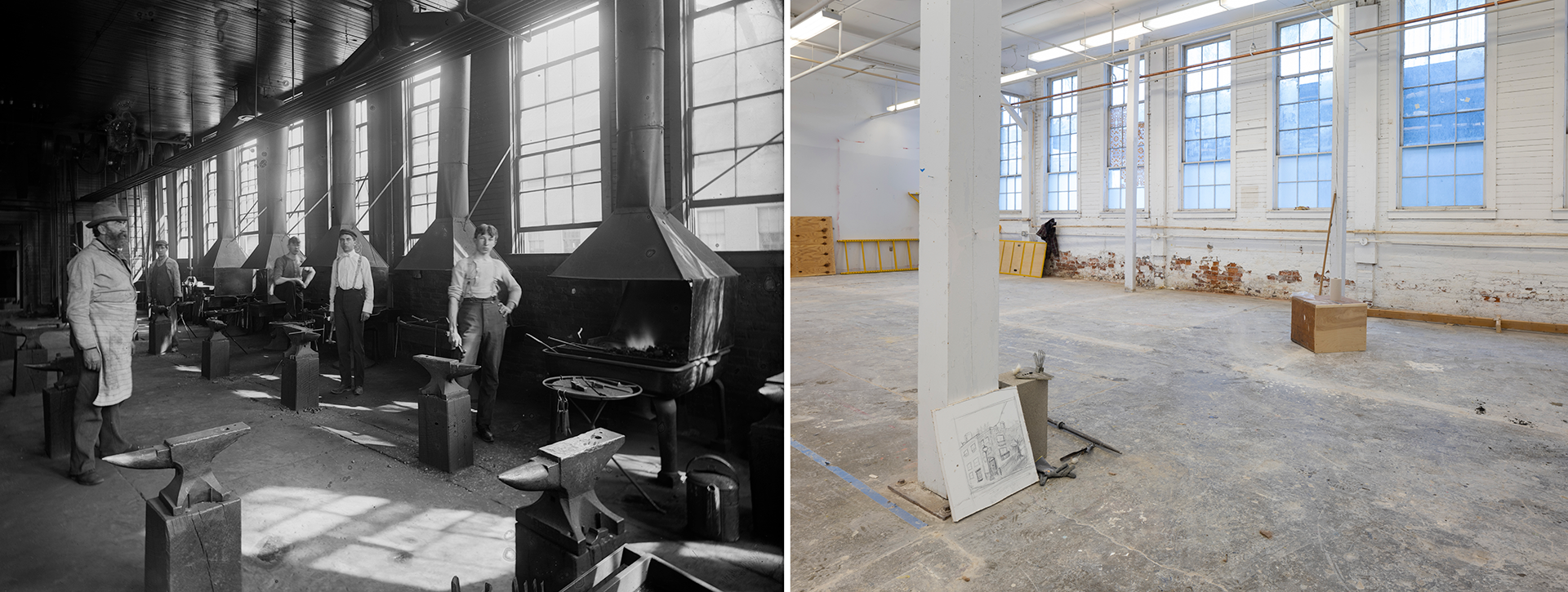Historic image of the blacksmith workshop and a current day view of a large open building space with white brick walls