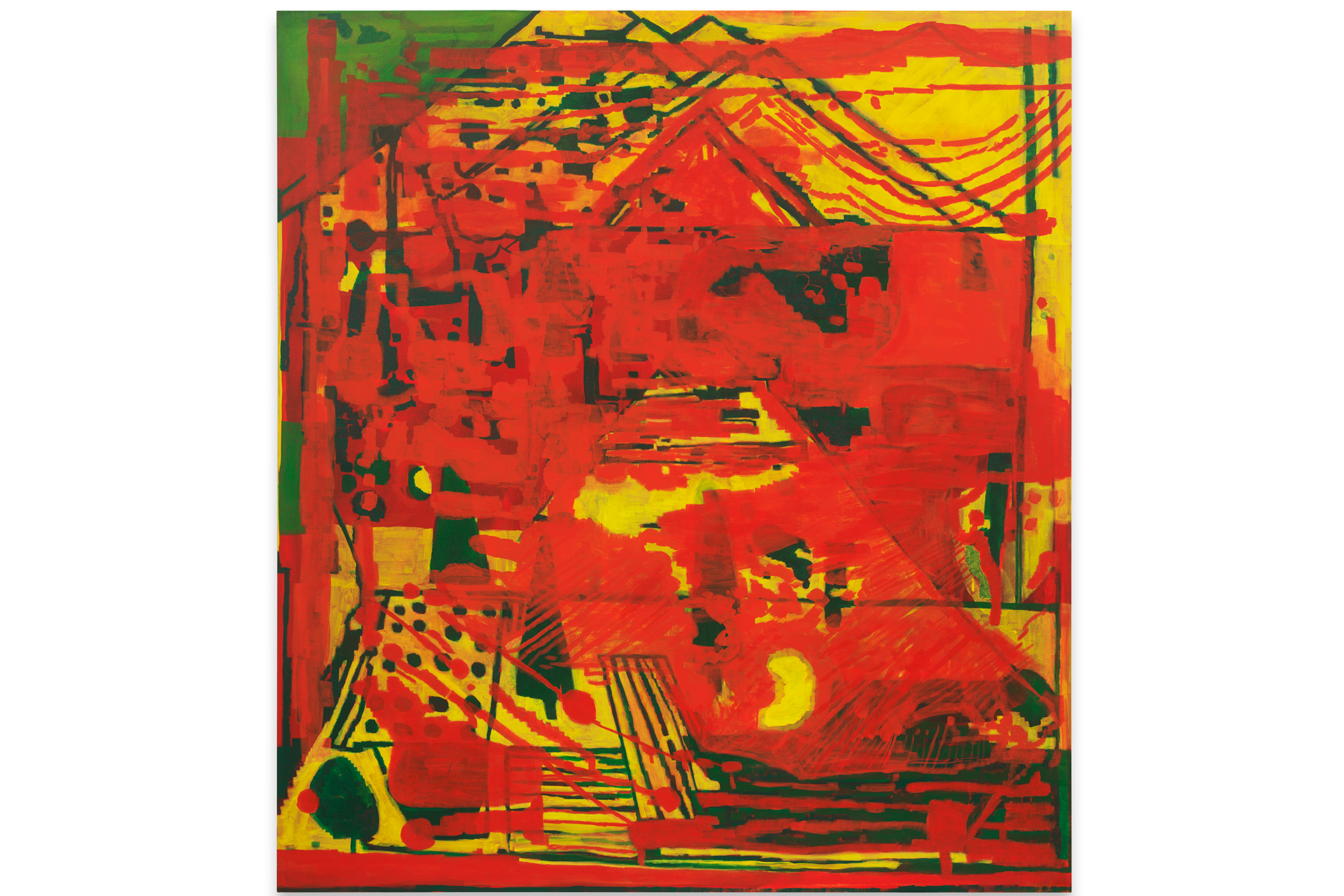 Painted red, yellow, and green shapes on canvas