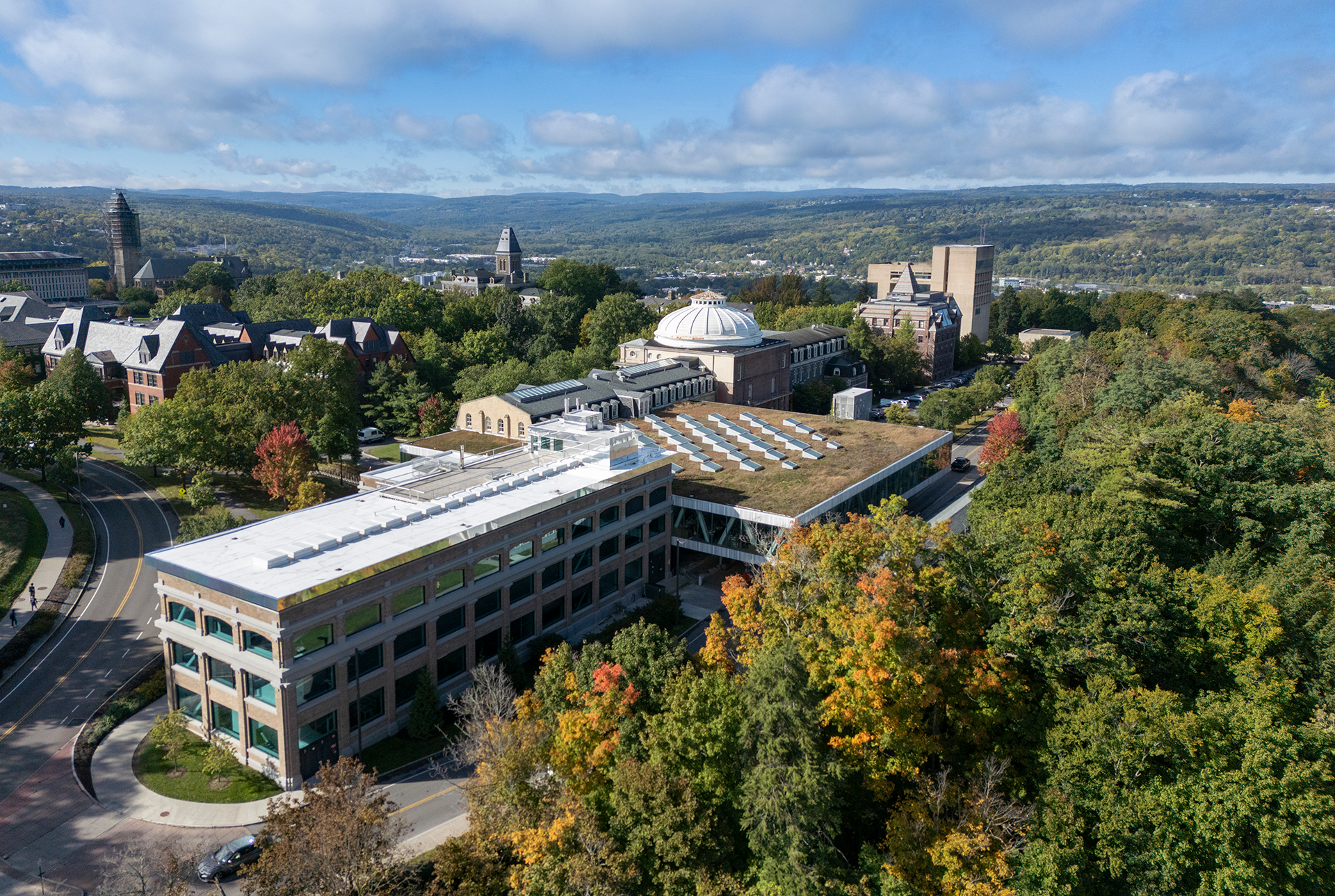Aerial view of a college campus