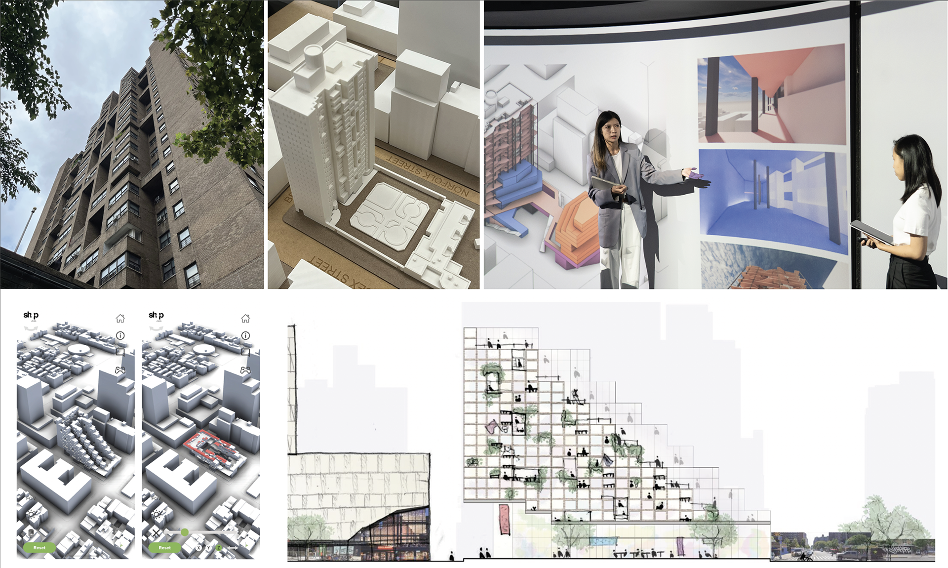 Collage of student posters, models, and presentation