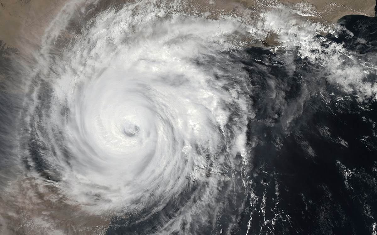 aerial view of hurricane making landfall