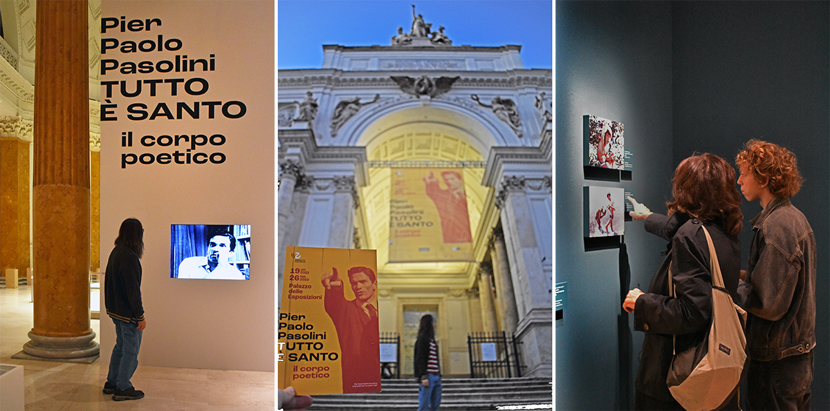 Student at entrance of exhibit and student and faculty examining artwork.