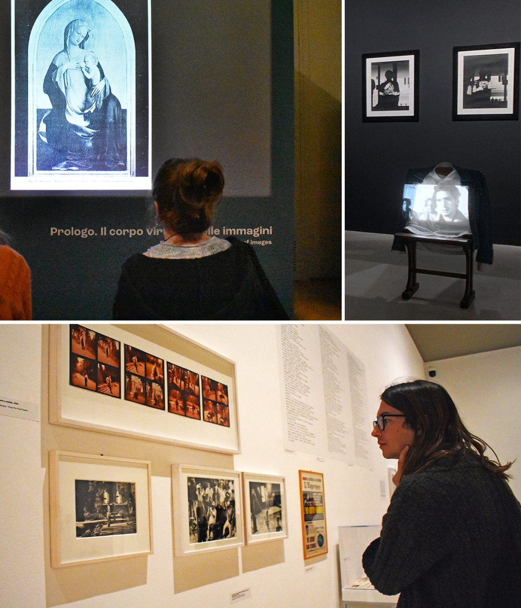 Collage of images of students exploring an art installation.