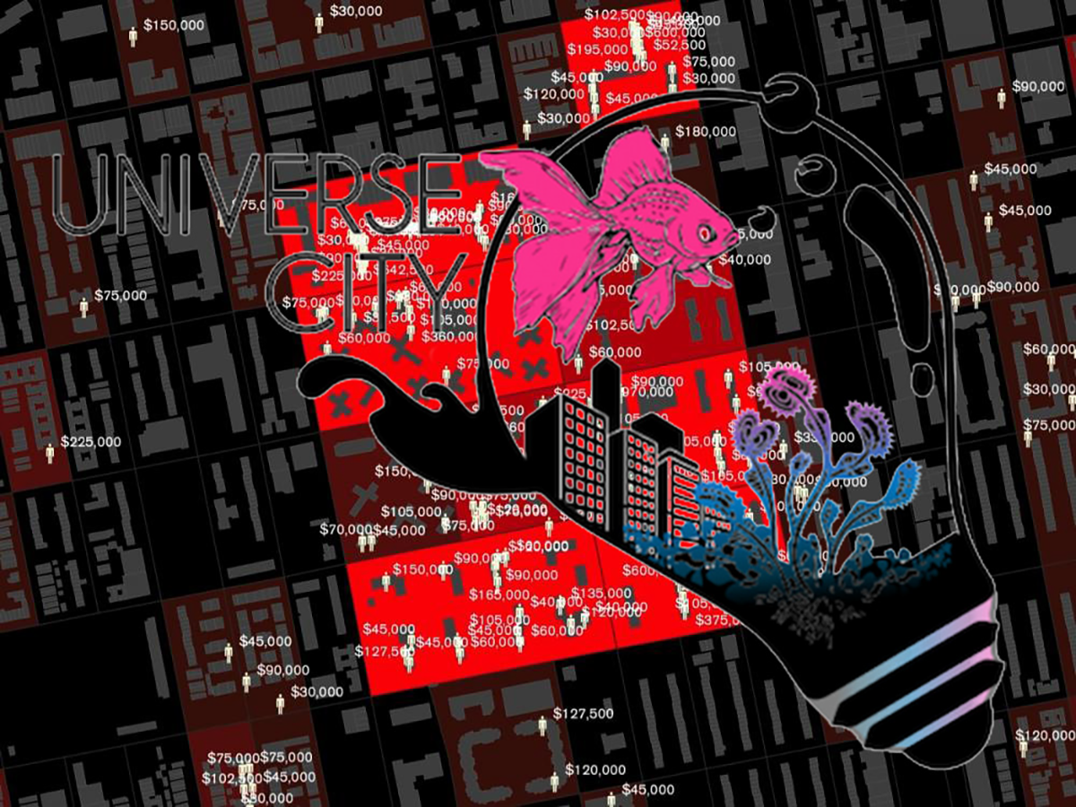 City map with light bulb and fish illustrations superimposed.