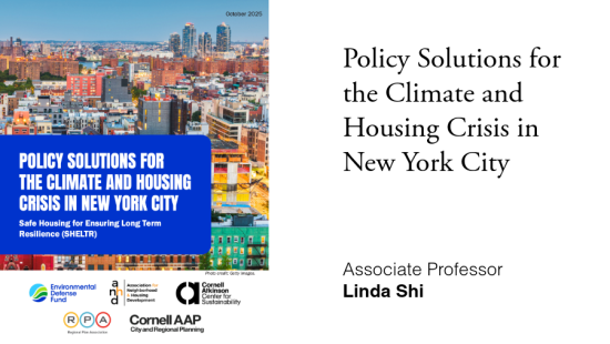 A split graphic pairs a colorful New York City aerial with the SHELTR report title and partner logos on the left and the report title with Associate Professor Linda Shi's name on the right.