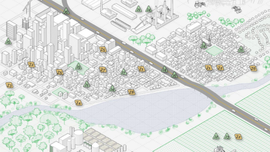 An isometric illustration depicts a city-to-farmland landscape with buildings, industry, green spaces, and a highway, overlaid with yellow 