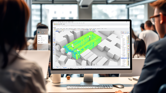 image of a two people looking at a simulation on a computer screen