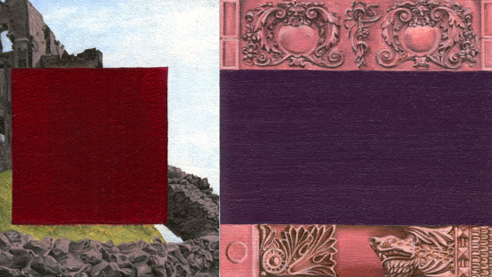 A red square on top of a stone structure next to a purple rectangle upon a pink carved door.