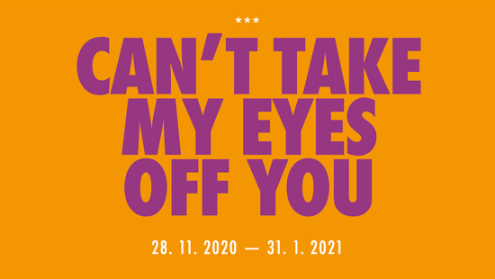 Purple block letters on an orange background.