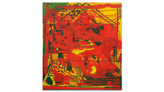 Painted red, yellow, and green shapes on canvas