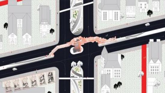 Black roads criss-cross street corners with houses.