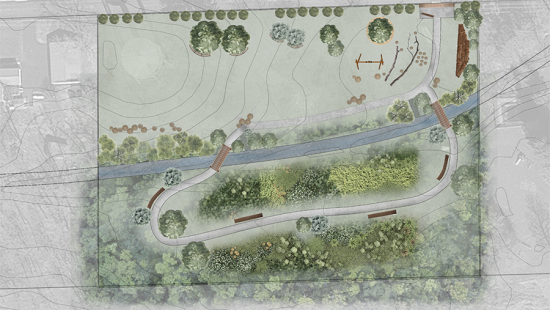 Trees surrounding a stream of water with bridges.