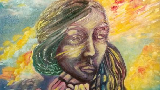 A person's face in blended bright colors yellow, green, red, brown, and blue.