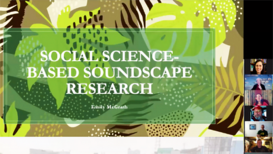 Leafy background in shades of green, brown, and beige with white text and four people in small zoom squares.