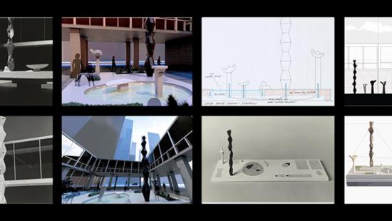 Eight rectangles on black background containing geometric shapes in shades of blue, black, white and pink.