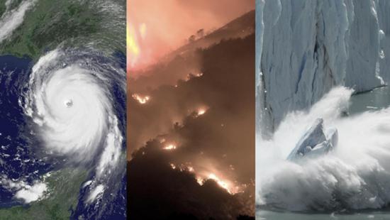 image collage of climate change scenarios cyclone, wildfire, melting glacier