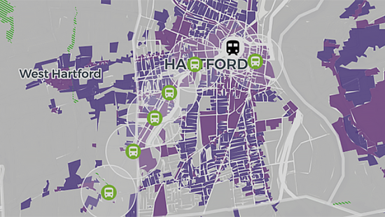 Purple and gray zoning map of Hartford with bus route highlighted
