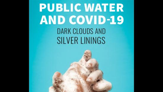 Text and soapy hands over a bright blue background.