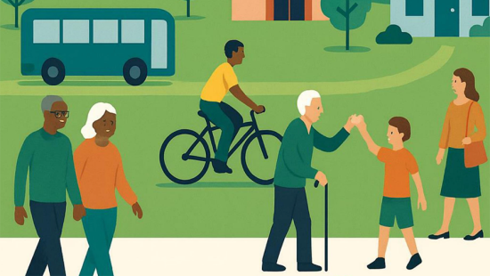 illustration of people walking, biking, and greeting one another on a neighborhood street