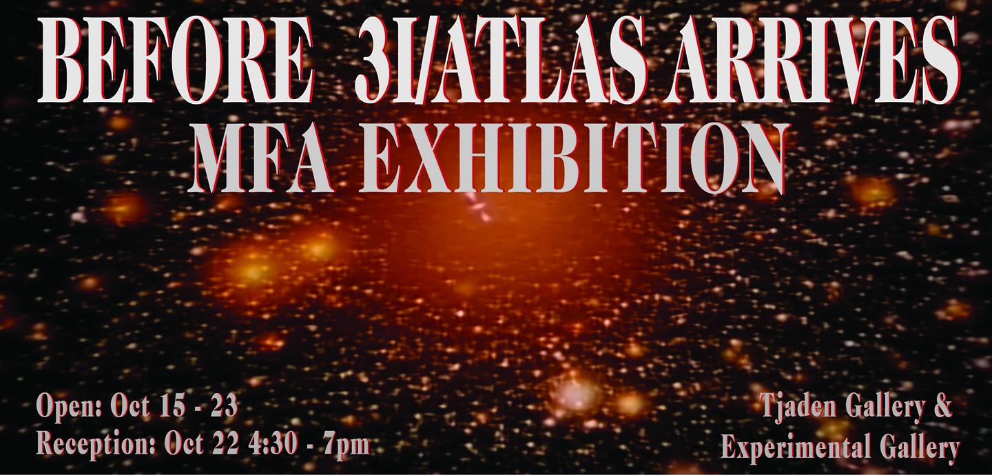 A poster with a red, outer space background and white text with the exhibition title and dates.