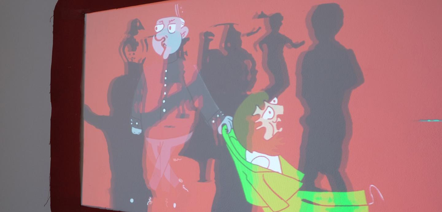 A digital screen with a cartoon old man dragging a person wearing a lime green suit.