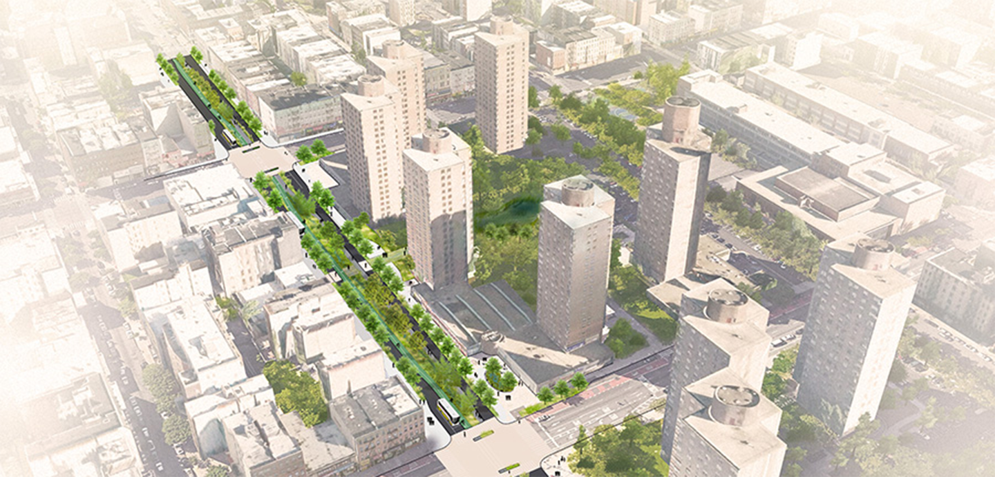 a rendering of a city with green trees along the streets