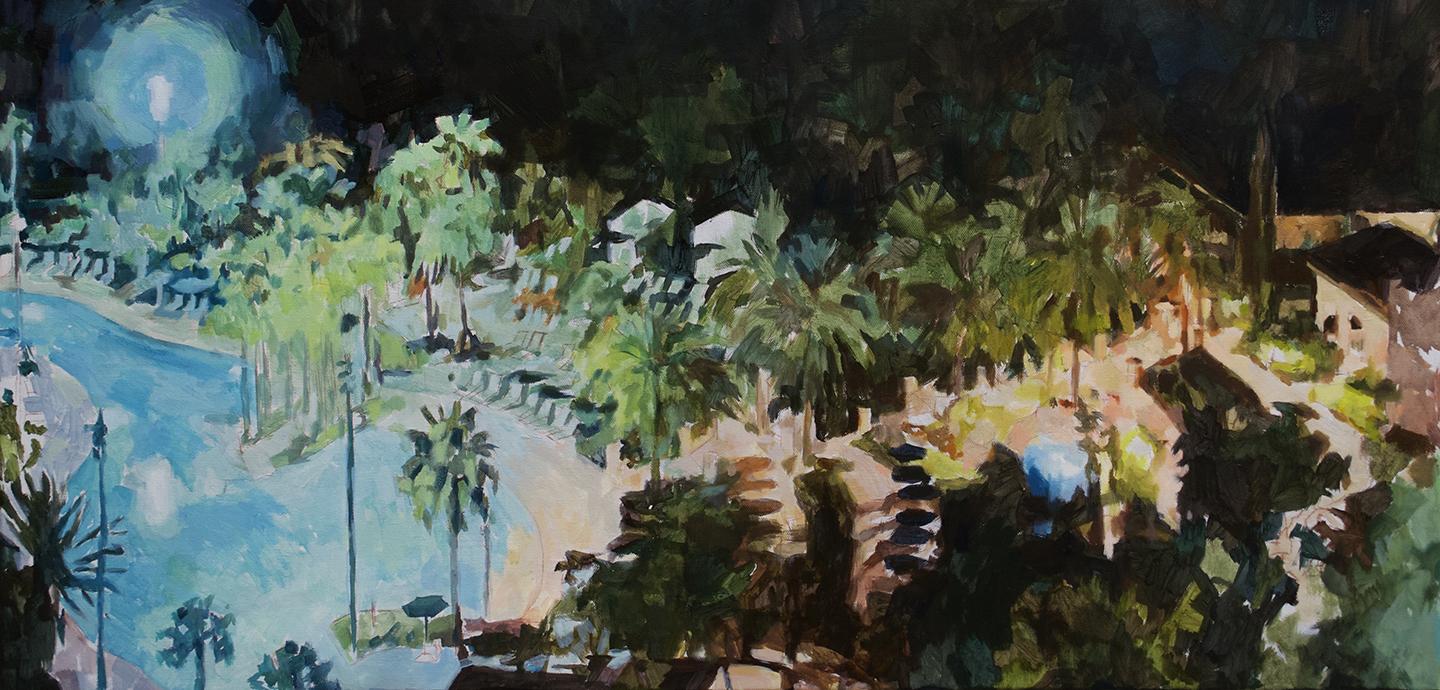 A painting of a brightly-lit pool at night, with thick palm trees surrounding it and a house in the distance.