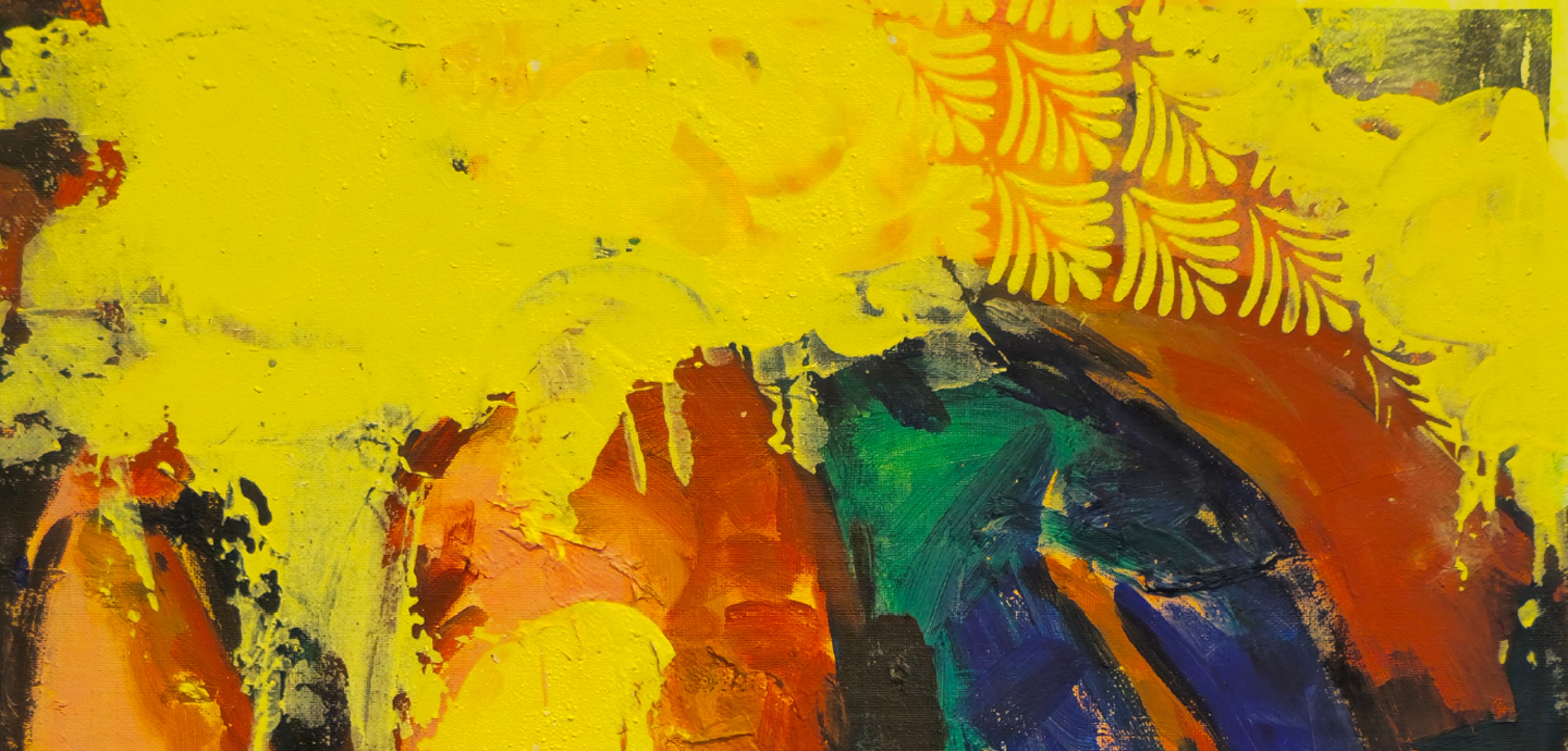 Abstract painting with yellow background, orange, green, blue, and hints of black.