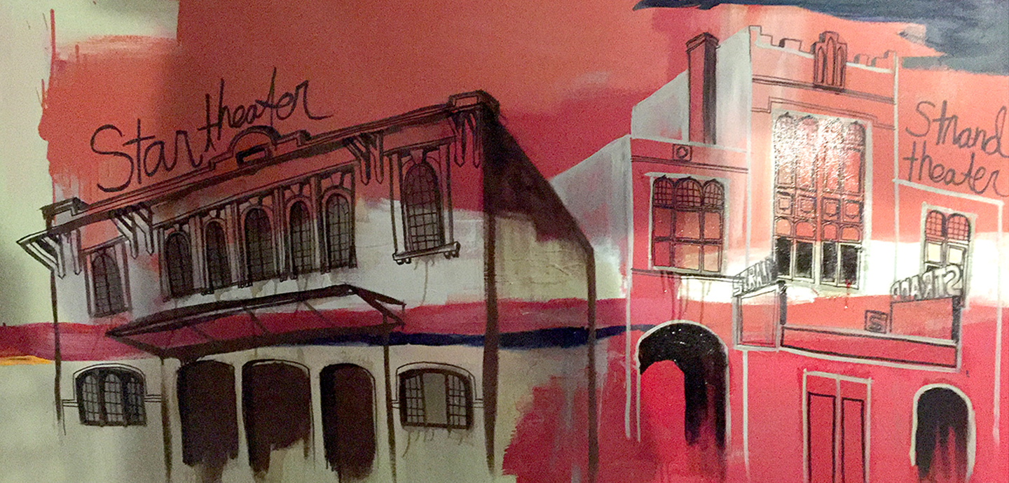 Red and coral painting of two theaters, the Star Theater and Strand Theater, outlined in black pen.