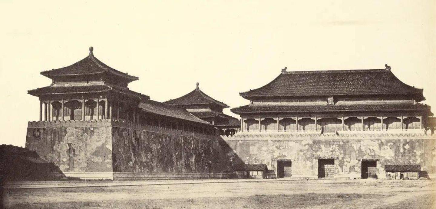 Vintage photograph of building created with Linqing bricks in a traditional design.