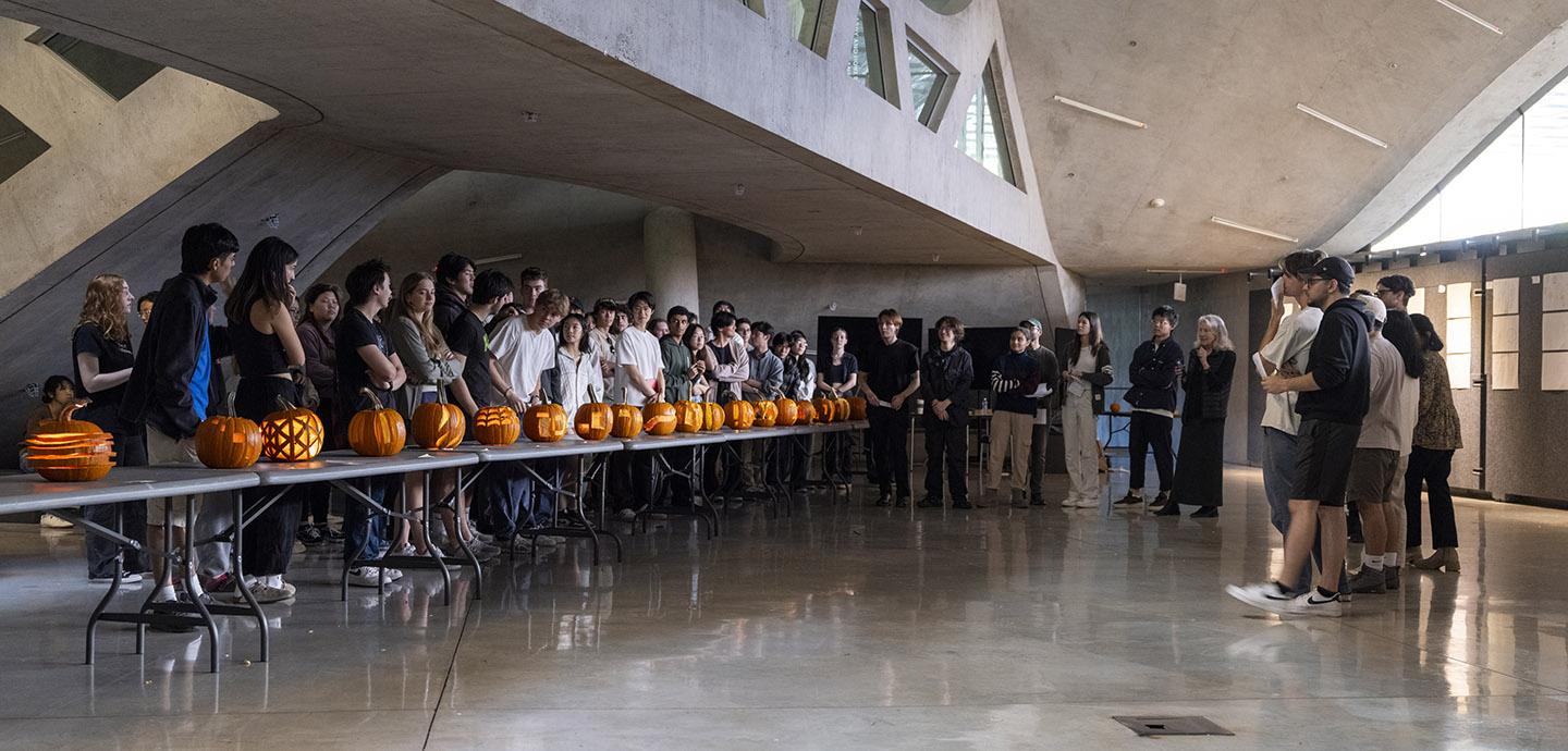 First-year B.Arch. students show the breadth of their talent in a spirited pumpkin carving competition in Milstein Dome as part of Professor of Architecture Andrea Simitch's Freehand Constructed Drawing class