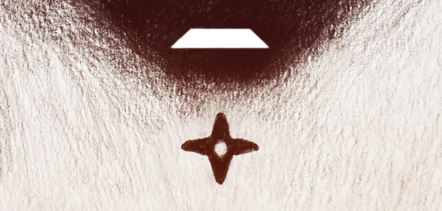 A textured cream-colored background, with a reddish brown half circle at the top, and a four pointed star in the middle.