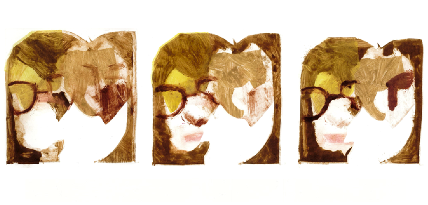 An art print with three panels of an abstract face with brown hair and glasses